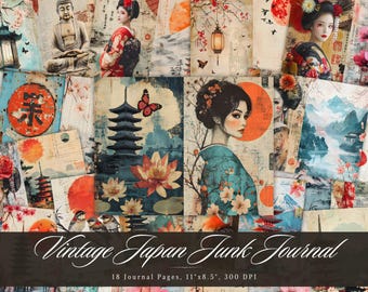 May include: A digital collage of 18 printable journal pages featuring vintage Japanese imagery. The pages include images of cherry blossoms, pagodas, geishas, and traditional Japanese architecture. The pages are designed for use in junk journals, scrapbooks, and other paper crafts.