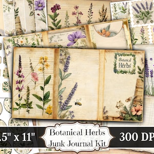 Botanische kruiden ongewenste tijdschriftpapier, vintage bloemen afdrukbare ephemera, verouderd scrapbooking collageblad, achtergrond pagina's met gemengde media ATC