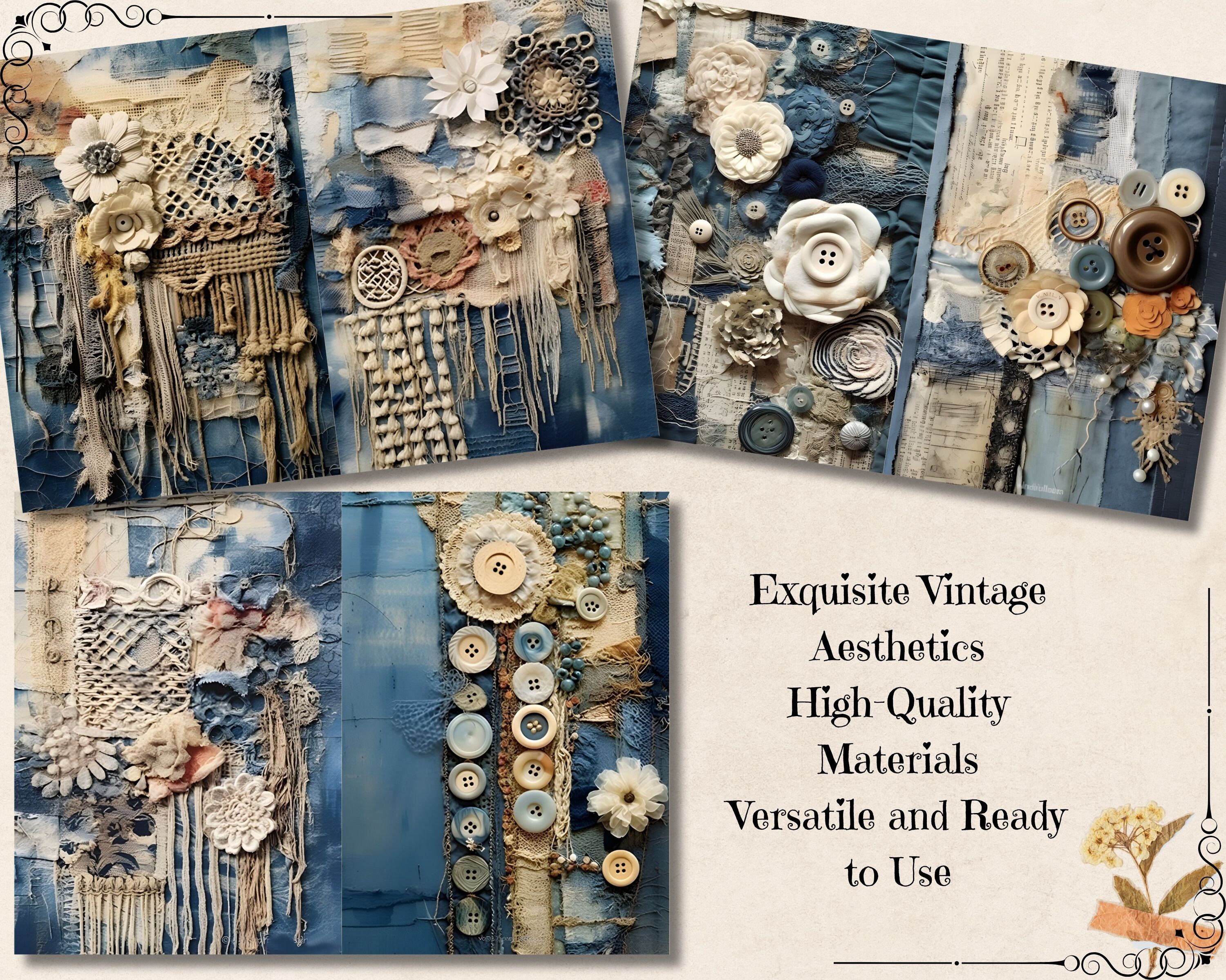 Vintage Denim Textile Junk Journal Kit, Shabby Chic Fabric Ephemera ...