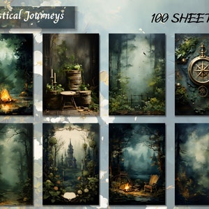 May include: A set of 100 digital paper sheets featuring mystical forest scenes. The papers include images of a campfire, a compass, a castle, and a lantern. The papers are perfect for scrapbooking, card making, and other creative projects.