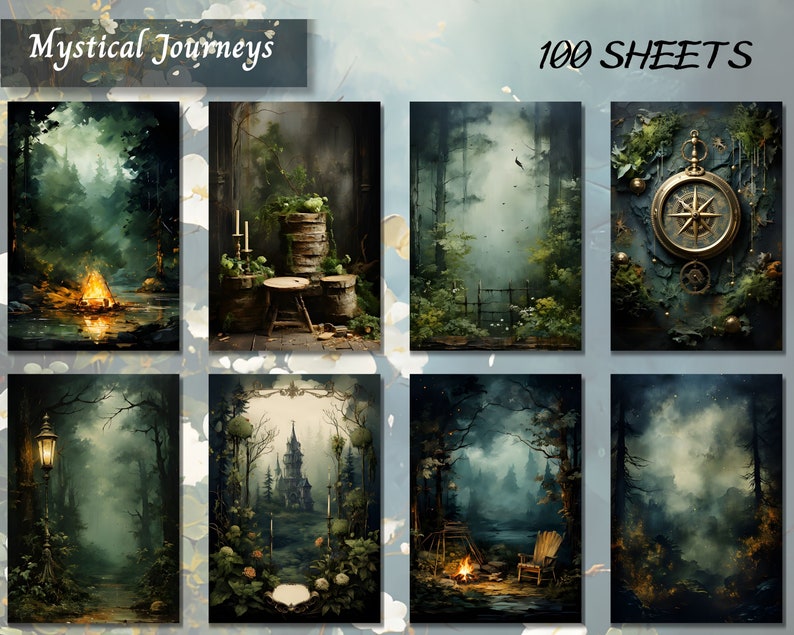 May include: A set of 100 digital paper sheets featuring mystical forest scenes. The papers include images of a campfire, a compass, a castle, and a lantern. The papers are perfect for scrapbooking, card making, and other creative projects.