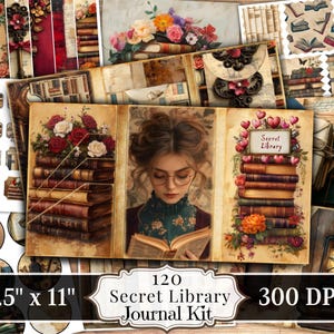 Secret Library Junk Journal, Reading Books Printable Ephemera Paper, Old Vintage Scrapbooking Collage Sheet, Background Mixed Media Pages
