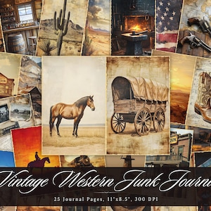 Diario vintage western, materiale effimero stampabile con fattoria di campagna retrò, foglio di collage di carta antica per scrapbooking, sfondo con tecnica mista ATC