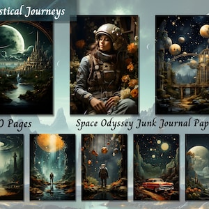 Space Odyssey Junk Journal Kit Paper JPG, aquarel Shabby Chic Ephemera, afdrukbare vintage achtergrondpagina's, collage van plakboekbenodigdheden