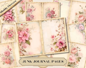May include: A set of 10 printable junk journal pages featuring vintage-style floral designs in shades of pink and cream. The pages have a distressed, aged look and are perfect for adding a touch of shabby chic to your journal.