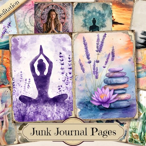 Diario de meditación de yoga, efímera imprimible de relajación y calma, hoja de collage de scrapbooking para meditar, papel de técnica mixta de fondo ATC