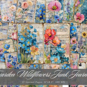 Garden Wild Flowers Junk Journal, Floral Shabby Chic Afdrukbare Ephemera, Vintage Scrapbooking Collage Vel, Achtergrond Mixed Media Papier ATC