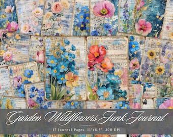 Dziennik śmieci ogrodowych kwiatów polnych, kwiatowy, shabby chic, drukowany efemerydalny, arkusz kolażu vintage scrapbooking, tło, papier do mieszanych technik ATC