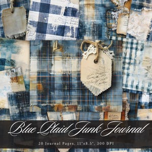 Blauwe geruite ongewenste dagboekpapier, digitale shabby chic afdrukbare ephemera, vintage patroon plakboek collageblad, gemengde media achtergrondpagina's