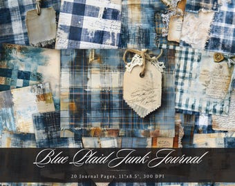 Blått rutigt skräpjournalpapper, digitalt shabby chic utskrivbart efemerapapper, scrapbooking-collageark med vintagemönster, bakgrundssidor med blandade medier