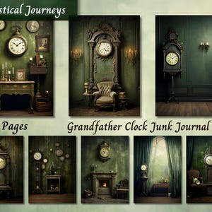 Kit de diario basura con reloj de pie, efímera digital imprimible de época, hojas de papel para collage de álbumes de recortes, técnica mixta de fondo ATC