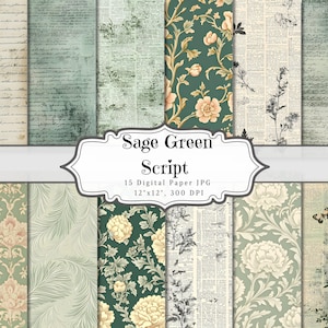 Diario basura con escritura verde salvia, papel efímero imprimible con motivos florales vintage, hoja de collage para scrapbooking de flores, página de técnica mixta de fondo ATC