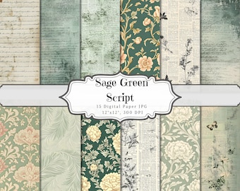 Sage Green Script Junk Journal, Vintage Floral Printable Ephemera Paper, Flower Scrapbooking Collage Sheet, Background Mixed Media Page ATC