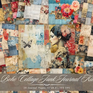 Páginas de diario basura con collage boho, efímeras imprimibles de estilo shabby chic boho, hoja de collage de scrapbooking retro vintage, papel de fondo ATC