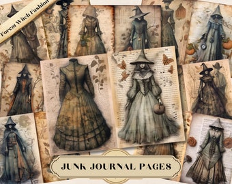 Forest Witch Junk Journal Kit, Witchcore Printable Pages, Vintage Ephemera, Gothic Fashion Journal Cards