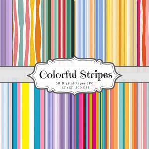 Könnte beinhalten: Ein digitales Papierpaket mit einer Vielzahl von bunten vertikalen Streifen in Rosa-, Orange-, Gelb-, Grün-, Blau- und Lilatönen. Das Bild enthält den Text "Colorful Stripes" sowie Angaben zur Papiergröße und Auflösung.