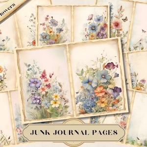 Páginas de diário de lixo de flores silvestres JPG, papel de diário floral chique gasto, cartões ATC de flores em aquarela vintage digital, coisas efêmeras de colagem de sucata