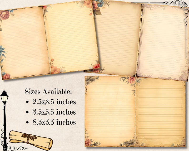 Vintage Floral Lined Junk Journal Pages, Beige Printable Writing Paper ...