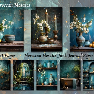 Marokkaanse mozaïeken ongewenste tijdschriftpapier, bloemen afdrukbare kortstondige pagina's, vintage blauw collageblad scrapbooking, achtergrond Mixed Media ATC