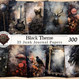 Black Junk Journal Paper, Big Watercolor Bundle, Mixed Media, Vintage Patterns, Carriages, Castles, Music, Collage, Scrapbook, Junk Journal