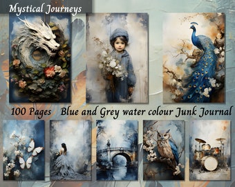 May include: A 100-page junk journal with a blue and grey watercolor design. The cover features a dragon, a girl holding flowers, a peacock, an owl, and a drum set. The journal is perfect for journaling, scrapbooking, or art projects.