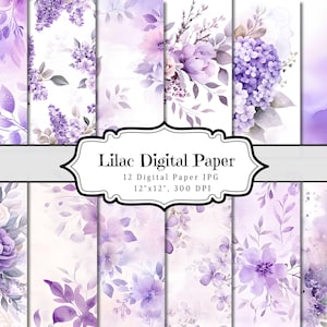 Carta digitale lilla, effimeri stampabili shabby chic con fiori, foglio collage di album di ritagli con lavanda e acquerello botanico, sfondo con tecniche miste