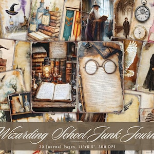 Papel de diario basura de la escuela de magia, efímeras imprimibles de magos, hoja de collage de scrapbooking mágico vintage, páginas de técnica mixta de fondo ATC