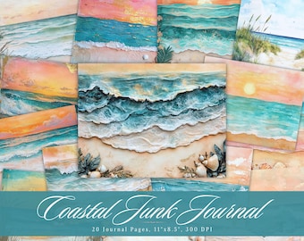 20 Coastal Junk Journal Printable Pages | Beach Ocean Journal Kit | Vintage Summer Nautical Scrapbook Paper | Lake Seaside Digital Download