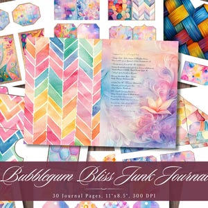 May include: A collection of watercolor journal pages and ephemera in pastel colors. The pages feature floral designs, chevron patterns, and handwritten text. The title "Bubblegum Bliss Junk Journal" is displayed at the bottom, along with page and size details.
