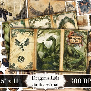 May include: A collection of fantasy-themed junk journal pages. The pages feature illustrations of dragons, castles, and other mythical elements. The text "Dragon's Lair" is visible on one page. The pages are 8.5" x 11" in size.