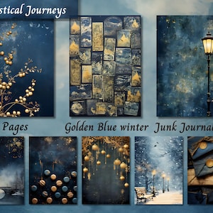Golden Blue Winter Junk Journal, Vintage Watercolor Gold Printable Ephemera, Scrapbook Collage Sheet Paper, Background Mixed Media ATC Page