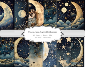 Moon Junk Journal Digital Paper, Celestial Printable Ephemera Page, Astrology Scrapbooking Collage Sheet, Astronomy Digital Mixed Media JPG