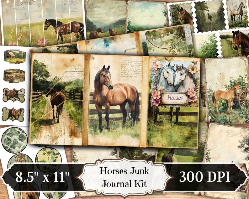 Majestic Horses Junk Journal Kit: Vintage Printable Pages, Horse Lover ...