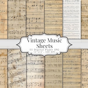 Carta digitale per musica d'epoca, materiale effimero stampabile con pagine musicali invecchiate, pagine con sfondo di vecchi spartiti musicali e tecniche miste, foglio collage per scrapbooking
