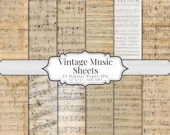 Carta digitale per musica d'epoca, materiale effimero stampabile con pagine musicali invecchiate, pagine con sfondo di vecchi spartiti musicali e tecniche miste, foglio collage per scrapbooking