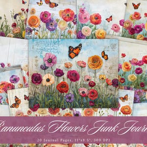 Ranunculus Flowers Junk Journal Paper, Floral Shabby Chic Printable Ephemera, Botanical Scrapbooking Collage Sheet, Background Mixed Media