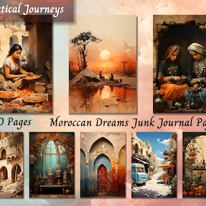Papier pour carnet de bord Rêves marocains, page de collage de scrapbooking vintage, éphémères imprimables rouges, arrière-plan technique mixte, kit de journalisation numérique