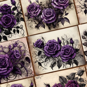 Purple Gothic Roses Junk Journal Pages, Digital Mixed Media, Vintage ...