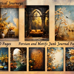 Persian Patterns and Motifs Junk Journal Paper, Vintage Printable Ephemera, Yellow Floral Scrapbook Collage Sheet, Background Mixed Media