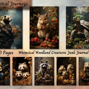 Carta per diario spazzatura stravagante creature del bosco, foglio di collage di scrapbooking con animali della natura, oggetti effimeri stampabili con animali della foresta, tecnica mista
