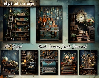 Puede incluir: Un collage de imágenes que muestran un diario de chatarra para amantes de los libros con 100 páginas. Las imágenes presentan una máquina de escribir vintage, pilas de libros, un reloj y una estantería con una escalera. El título "Mystical Journeys" y "Book Lovers Junk Journal" se muestran en el collage.