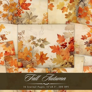 Páginas de diario basura de otoño, papel de otoño vintage imprimible, hojas y bosques de naranja digitales, fondo de árboles acogedores, diario de flores silvestres JPG