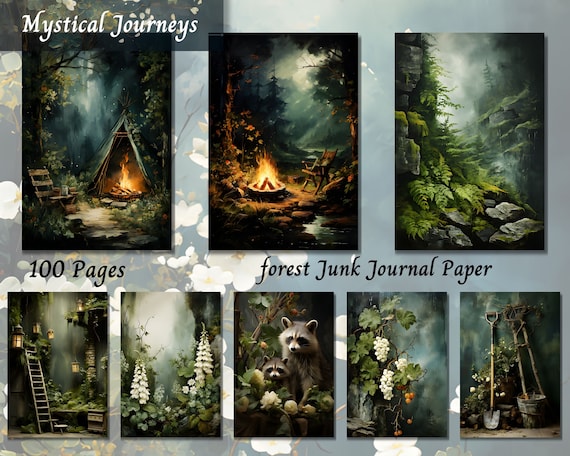 Forest Junk Journal Kit Paper, Watercolor Nature Vintage Printable Ephemera, Shabby Chic Digital Scrapbook Collage,Background Pages Supplies