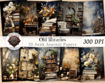 Puede incluir: Un collage digital de 25 imágenes de estilo vintage con bibliotecas antiguas, libros y flores. Las imágenes son perfectas para scrapbooking, junk journaling u otros proyectos creativos. El texto "Old libraries 25 Junk Journal Papers 300 DPI" está en la parte superior del collage.