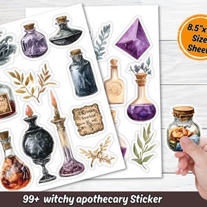 Pacote de adesivos digitais Witchy Apothecary, adesivos imprimíveis de poções de bruxa de Halloween, adesivo clipart de alquimia de ervas míticas, itens efêmeros assustadores