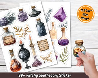 Witchy Apothecary Digital Sticker Pack, Halloween Witch Potions Printable Stickers, Mythical Herbal Alchemy Clipart Sticker, Spooky Ephemera