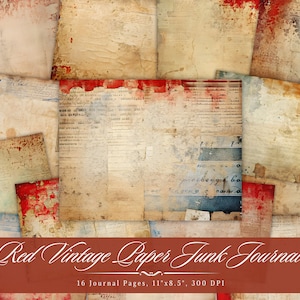 Diario basura de papeles vintage rojos, efímera imprimible con cartas manuscritas, hojas de collage de álbumes de recortes de postales de papel forrado antiguo, página ATC digital