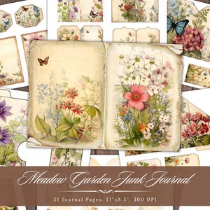 Kit de journal indésirable Meadow Garden, floral shabby chic imprimable éphémère, fond de collage de scrapbooking fleurs vintage, technique mixte papier ATC