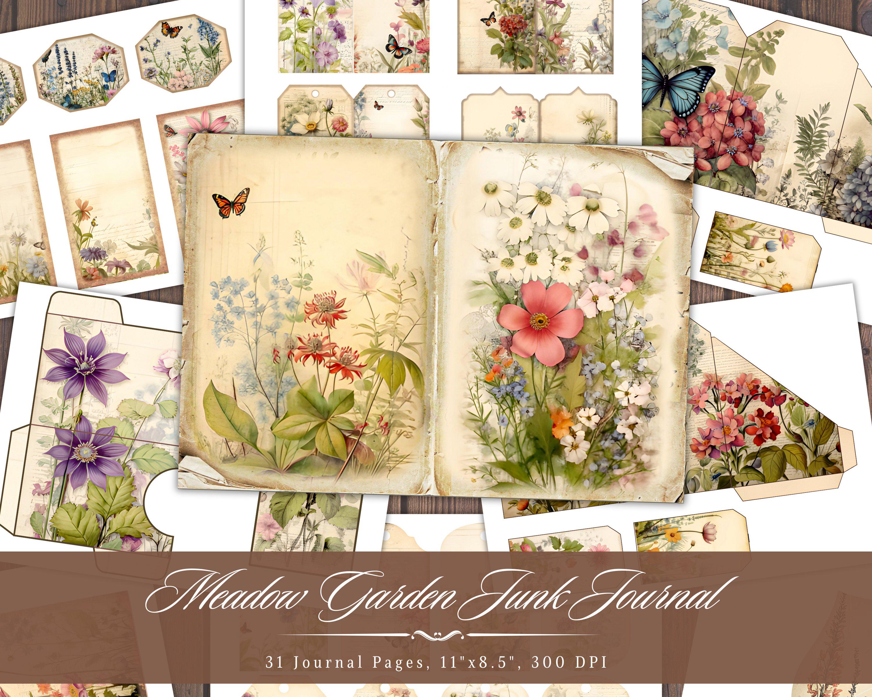Meadow Garden Junk Journal Kit, Floral Shabby Chic Printable Ephemera ...