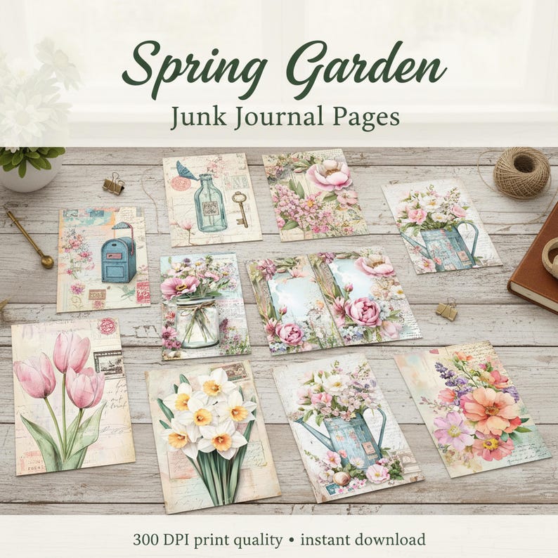 Spring Garden Junk Journal, Floral Shabby Chic Printable Ephemera, Vintage Flower Scrapbooking Collage Sheet, Background Mixed Media Pages image 10